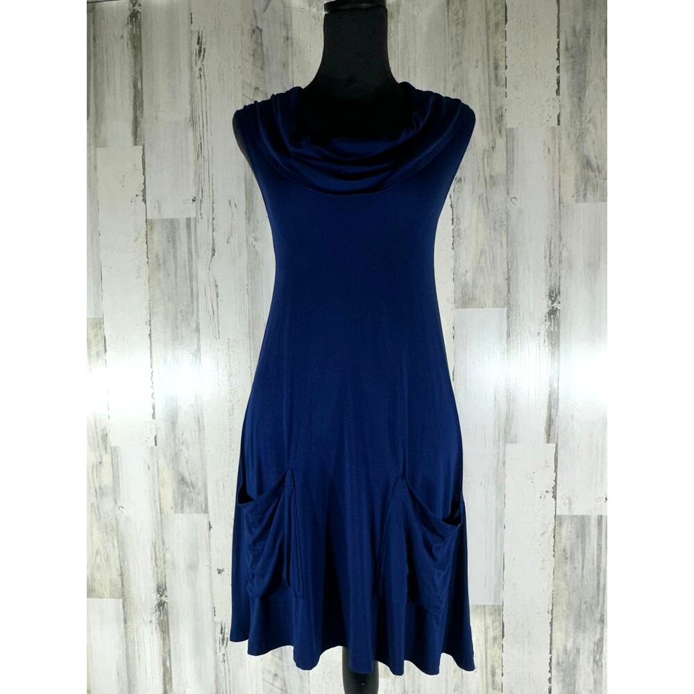 Soft Surroundings Fit and Flare Dress XS Navy Blue Sleeveless Cowl Neck READ